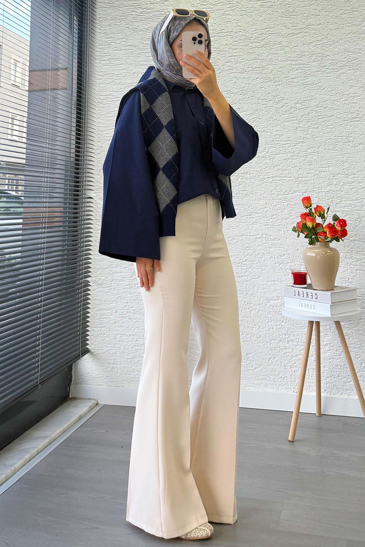 Yüksek Bel İspanyol Paça Kadın Pantolon – Krem