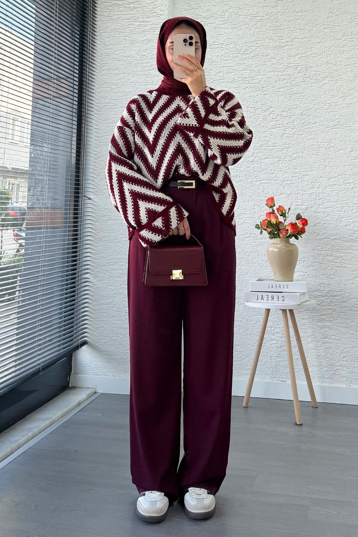 Yüksek Bel Pile Detaylı Dökümlü Palazzo Pantolon - Bordo