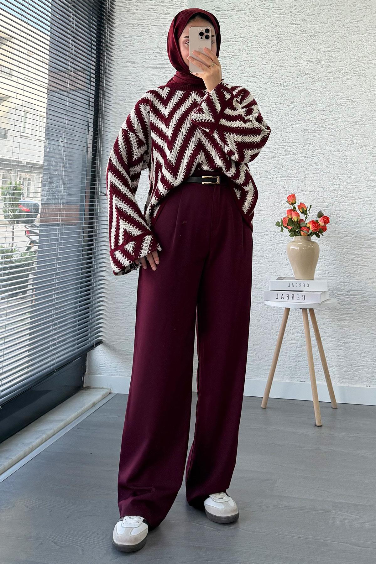 Yüksek Bel Pile Detaylı Dökümlü Palazzo Pantolon - Bordo