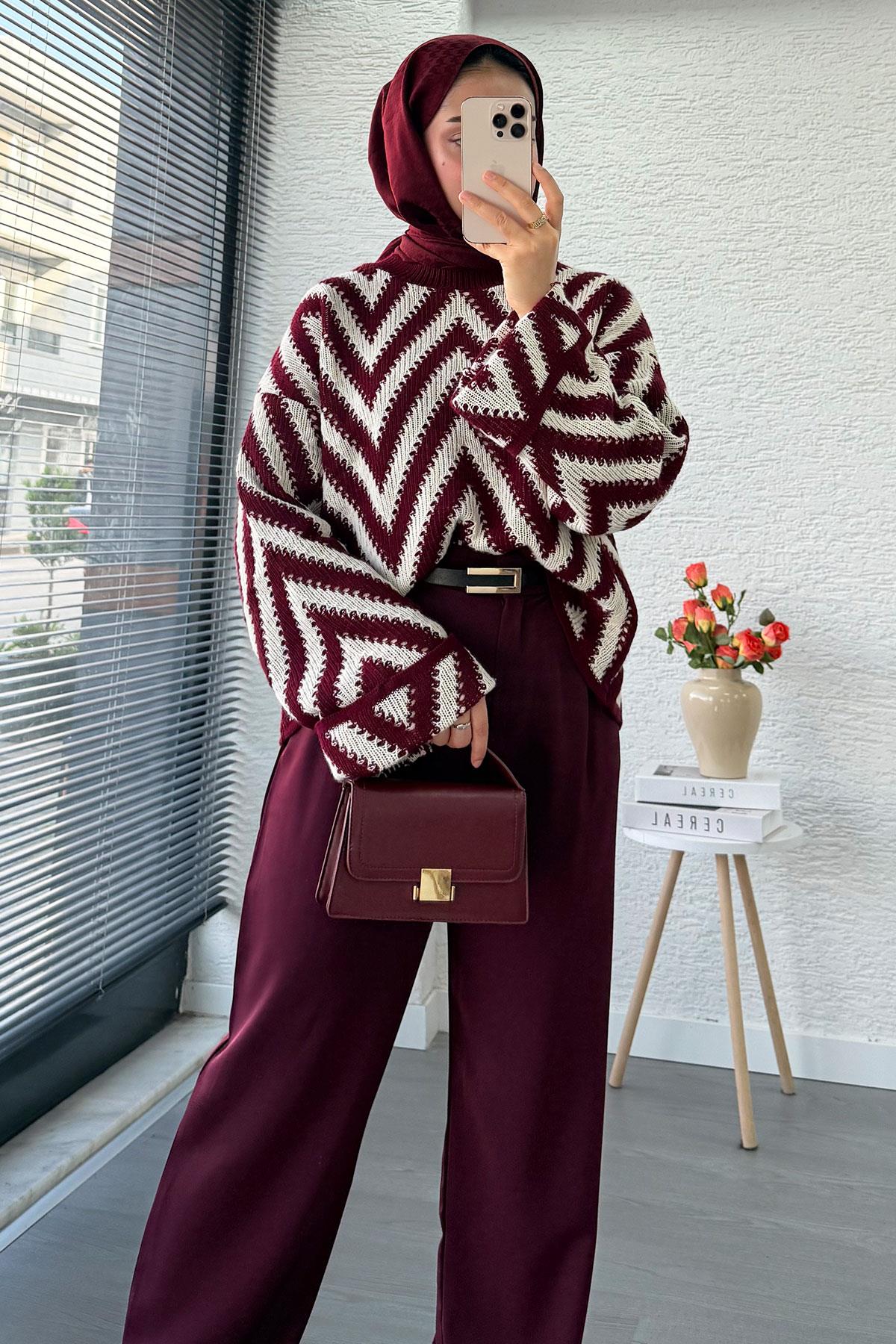 Yüksek Bel Pile Detaylı Dökümlü Palazzo Pantolon - Bordo