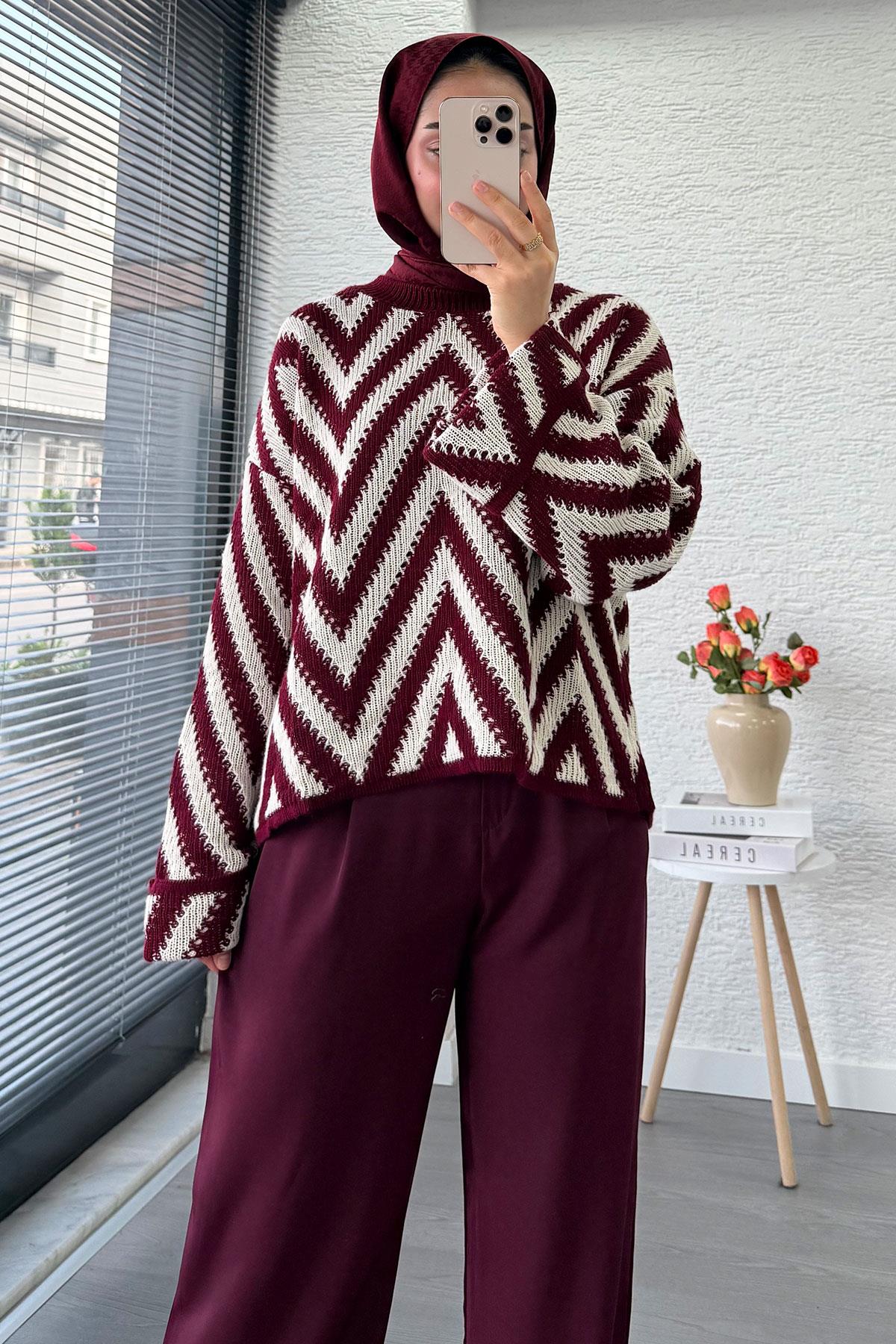 Yüksek Bel Pile Detaylı Dökümlü Palazzo Pantolon - Bordo