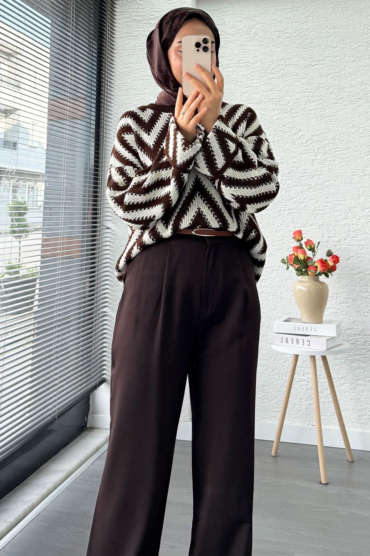 Yüksek Bel Pile Detaylı Dökümlü Palazzo Pantolon - Kahverengi