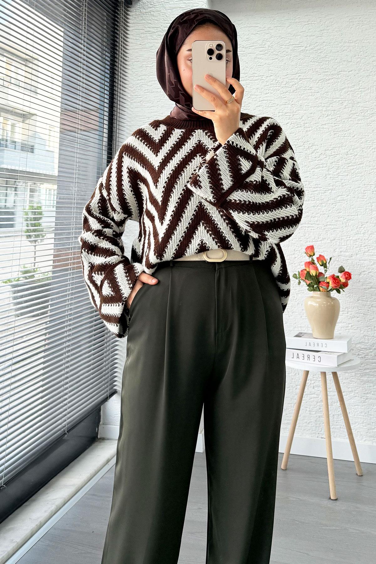 Yüksek Bel Pile Detaylı Dökümlü Palazzo Pantolon - Haki