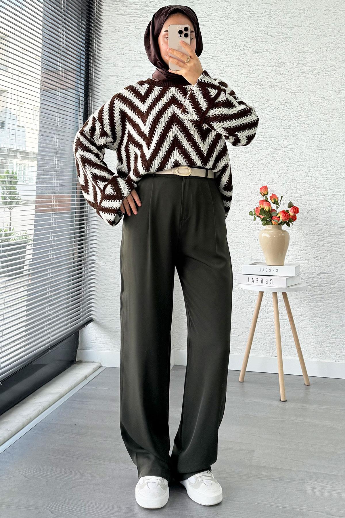 Yüksek Bel Pile Detaylı Dökümlü Palazzo Pantolon - Haki