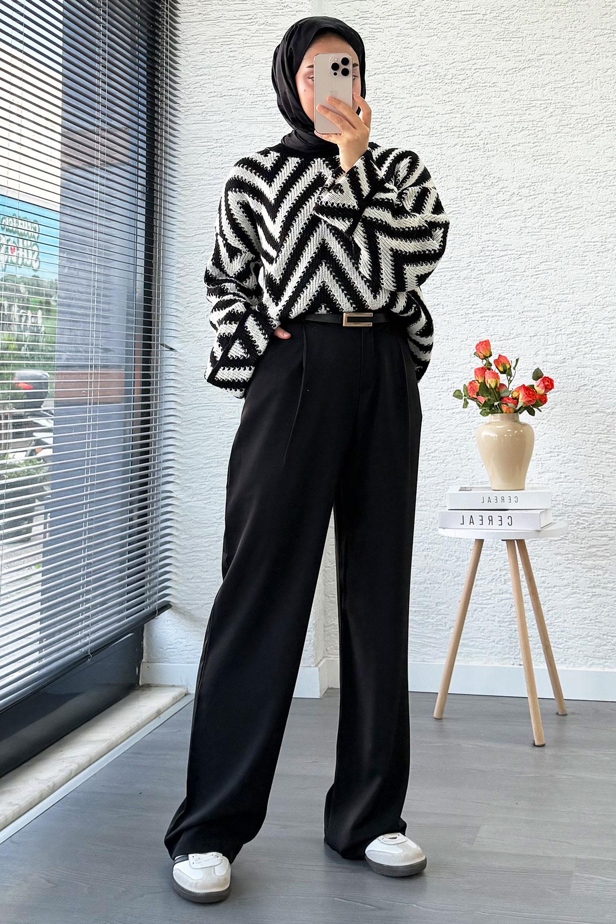 Yüksek Bel Pile Detaylı Dökümlü Palazzo Pantolon - Siyah