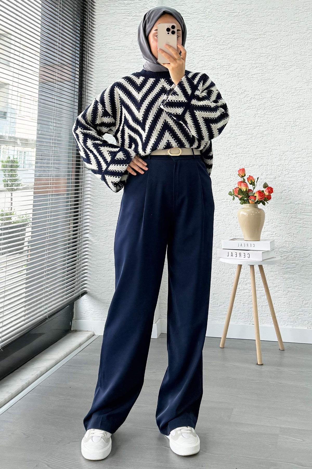 Yüksek Bel Pile Detaylı Dökümlü Palazzo Pantolon - Lacivert