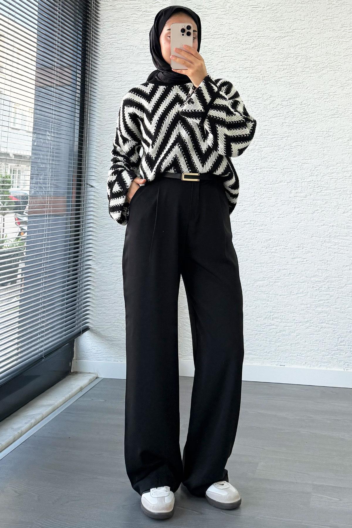 Yüksek Bel Pile Detaylı Dökümlü Palazzo Pantolon - Siyah