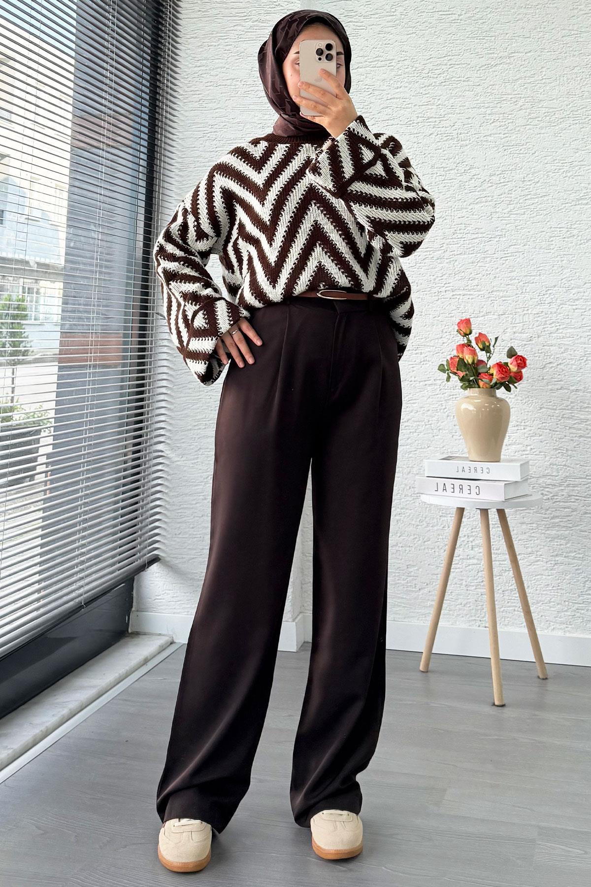 Yüksek Bel Pile Detaylı Dökümlü Palazzo Pantolon - Kahverengi