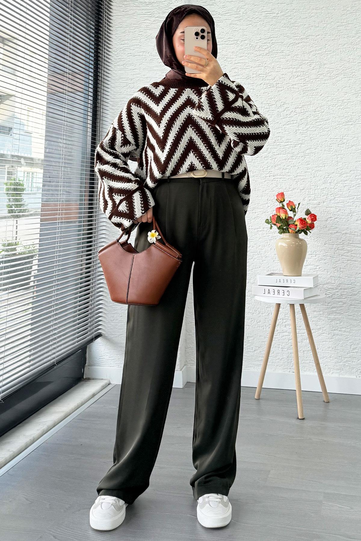 Yüksek Bel Pile Detaylı Dökümlü Palazzo Pantolon - Haki