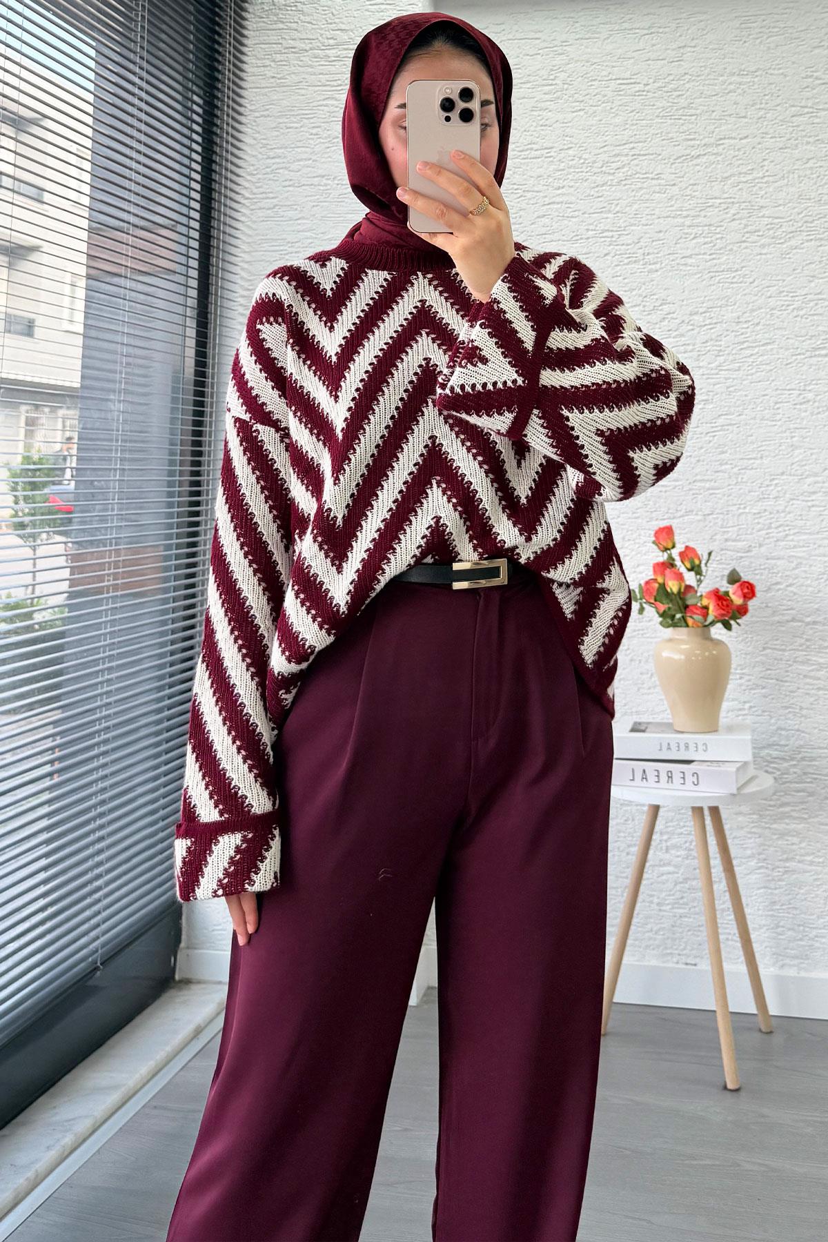 Yüksek Bel Pile Detaylı Dökümlü Palazzo Pantolon - Bordo