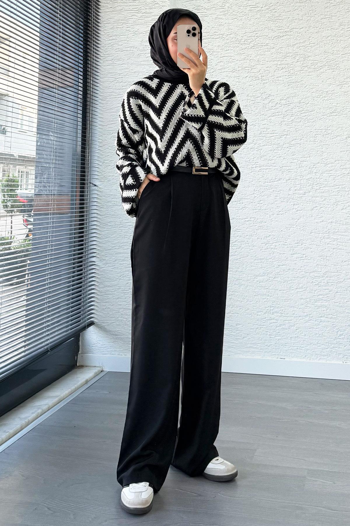 Yüksek Bel Pile Detaylı Dökümlü Palazzo Pantolon - Siyah