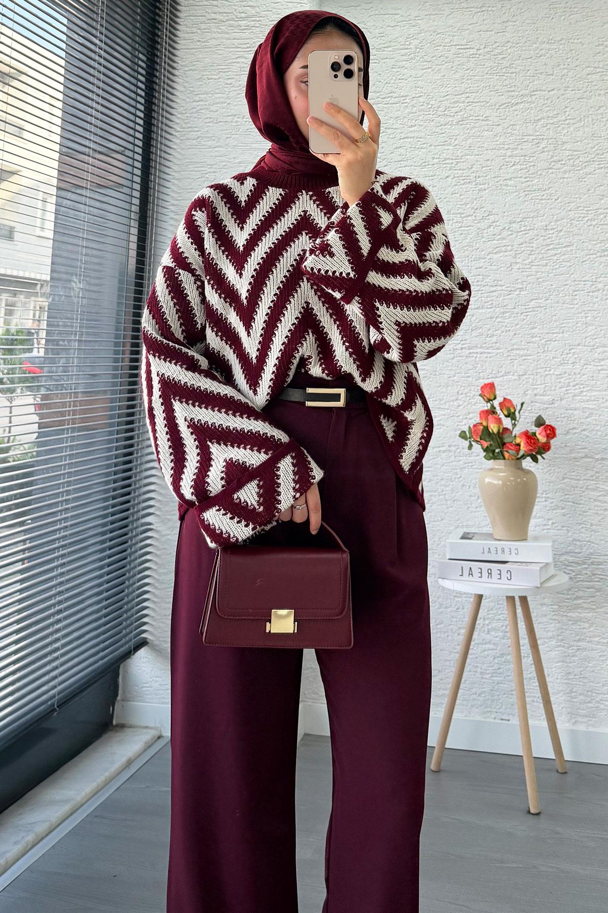 Yüksek Bel Pile Detaylı Dökümlü Palazzo Pantolon - Bordo