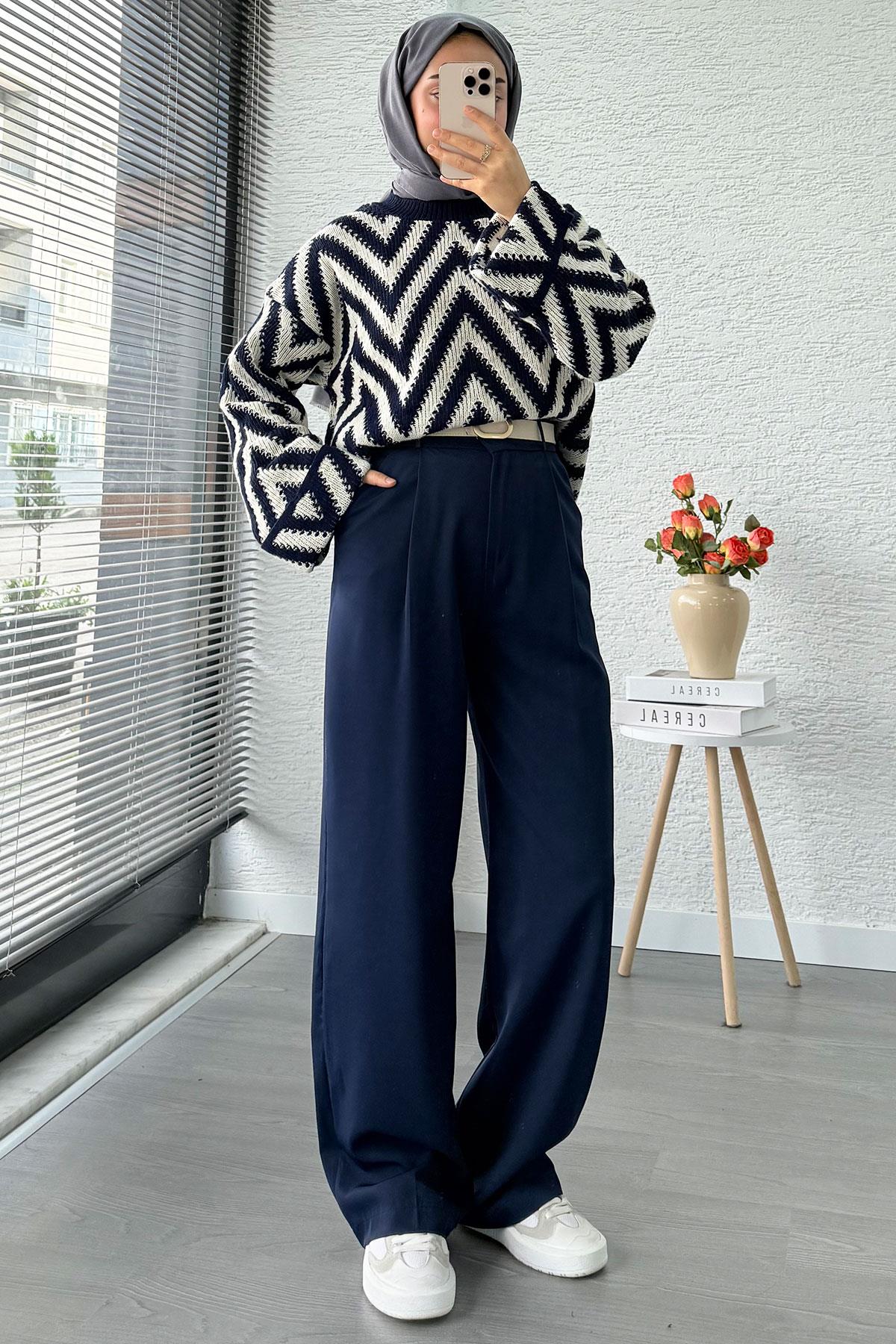 Yüksek Bel Pile Detaylı Dökümlü Palazzo Pantolon - Lacivert