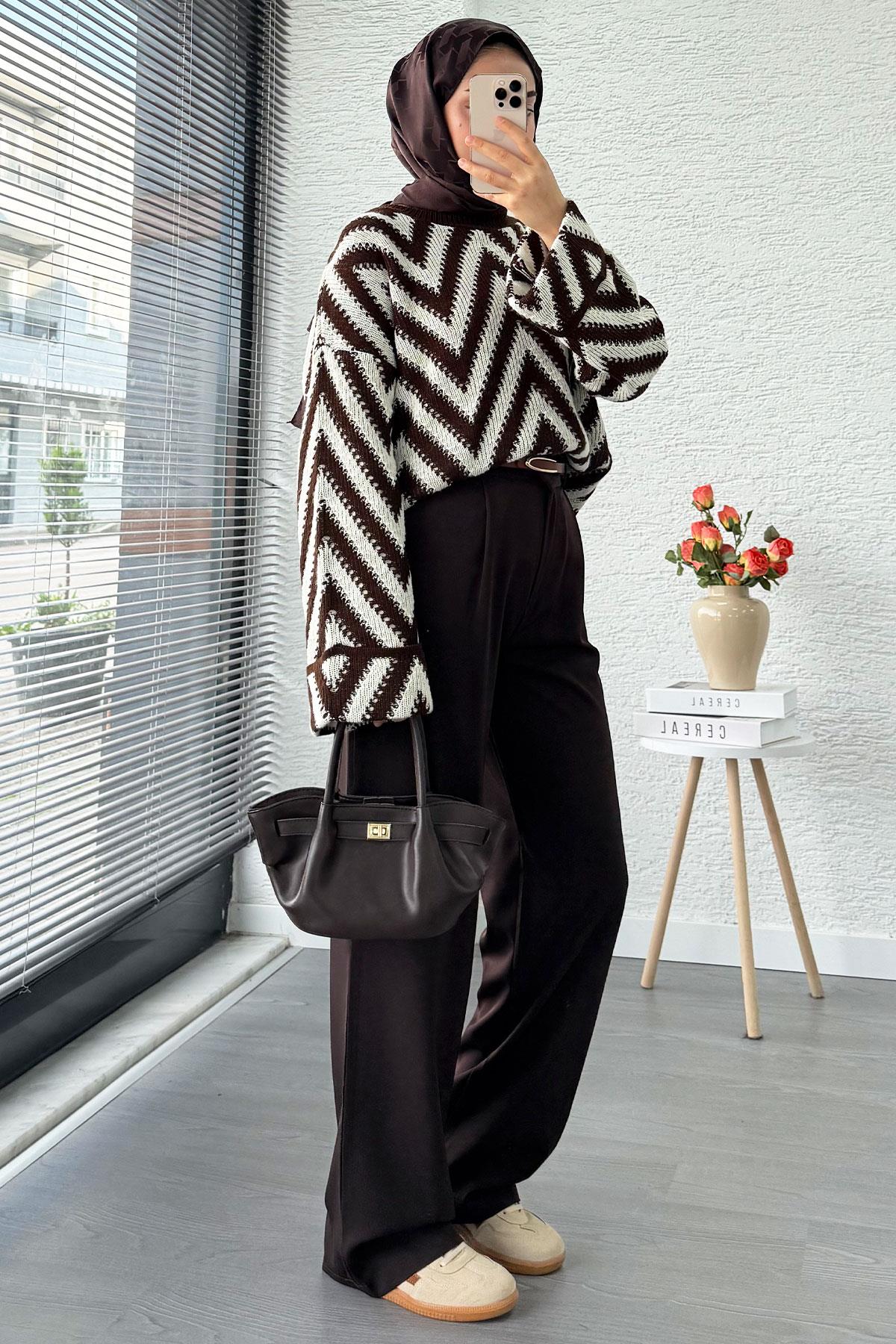 Yüksek Bel Pile Detaylı Dökümlü Palazzo Pantolon - Kahverengi