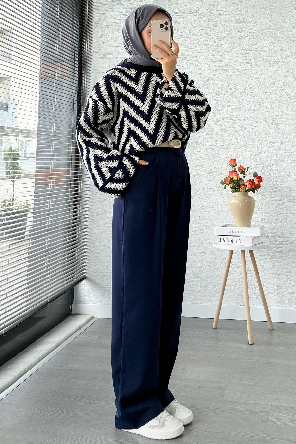 Yüksek Bel Pile Detaylı Dökümlü Palazzo Pantolon - Lacivert