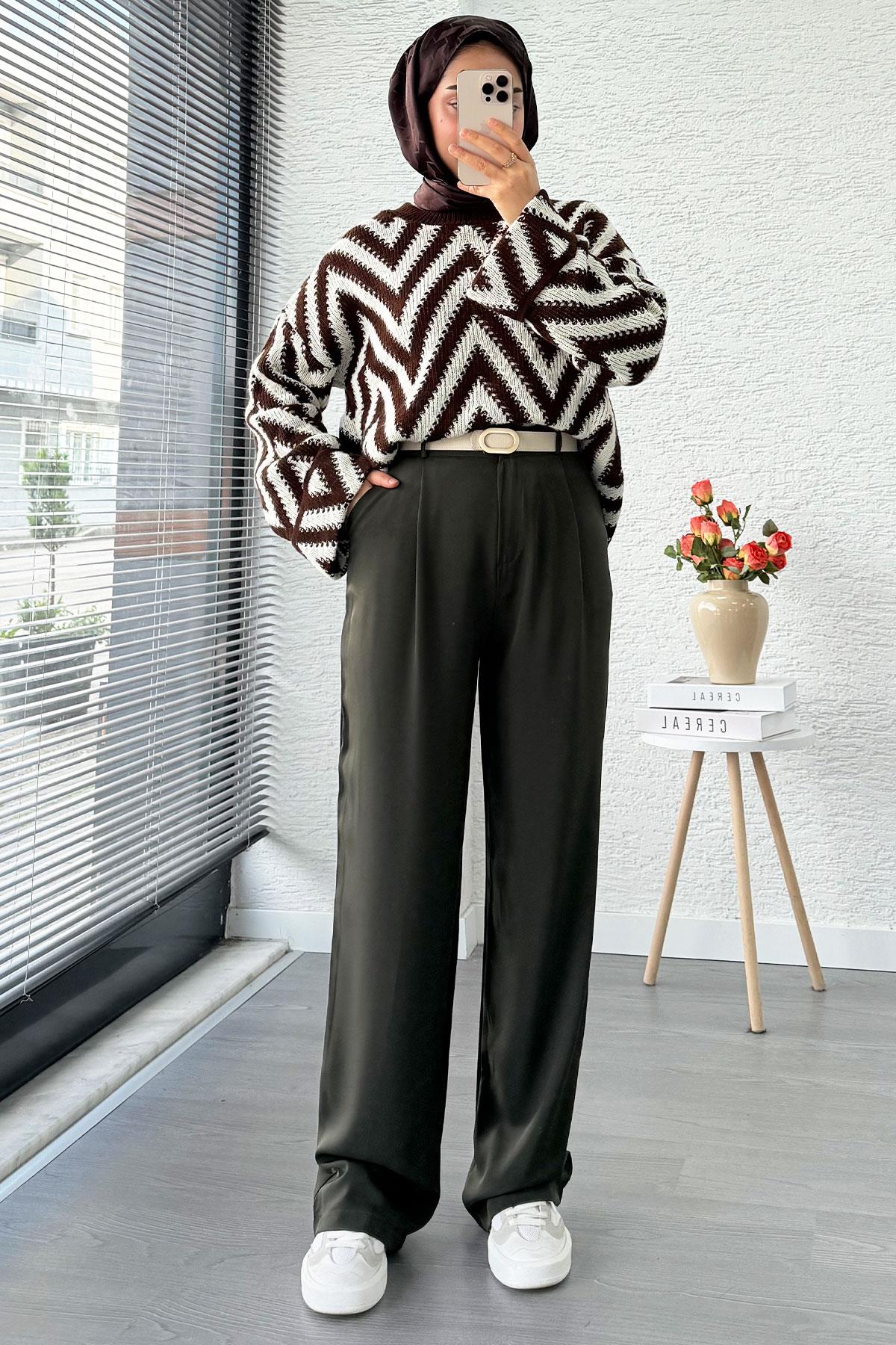 Yüksek Bel Pile Detaylı Dökümlü Palazzo Pantolon - Haki