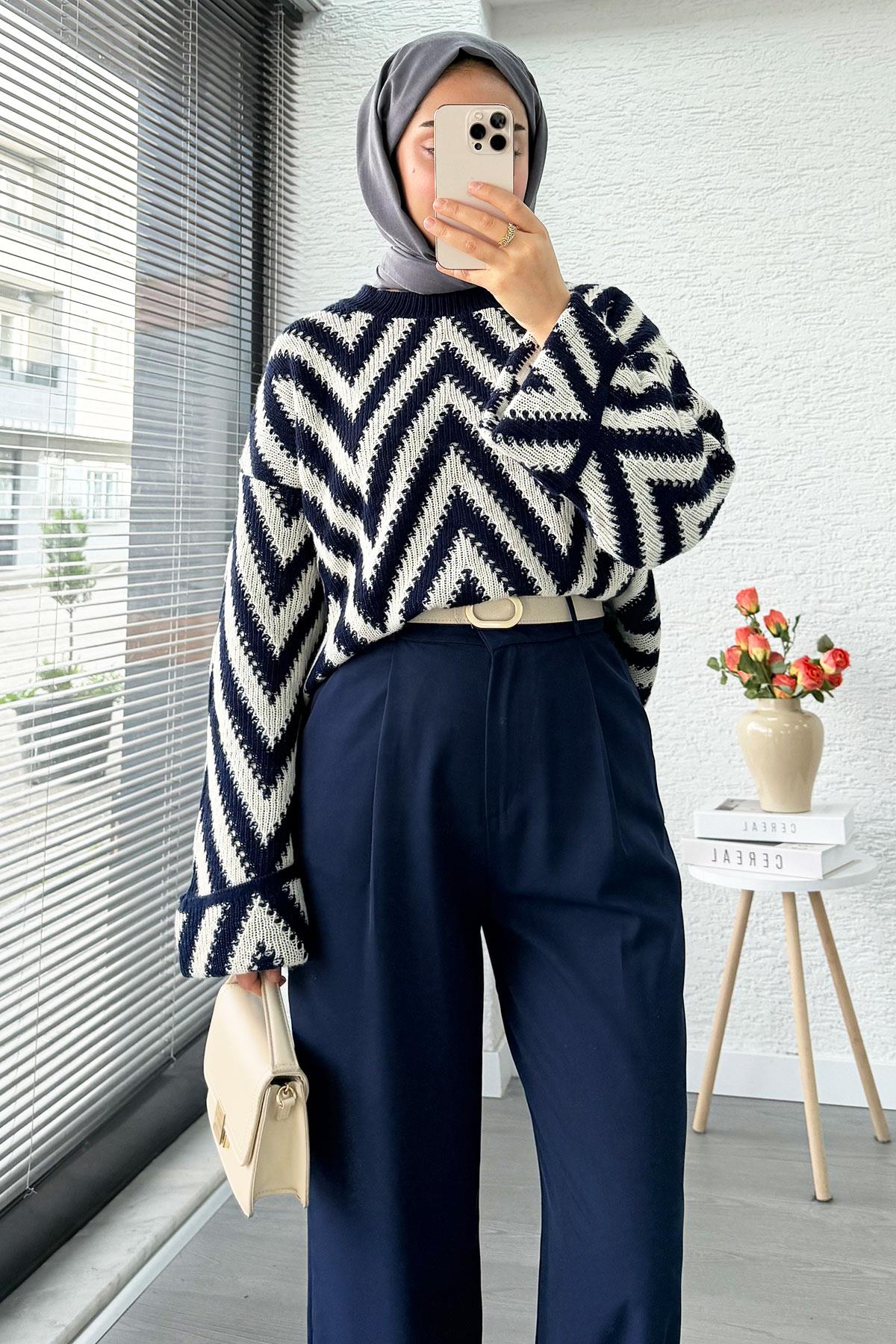 Yüksek Bel Pile Detaylı Dökümlü Palazzo Pantolon - Lacivert