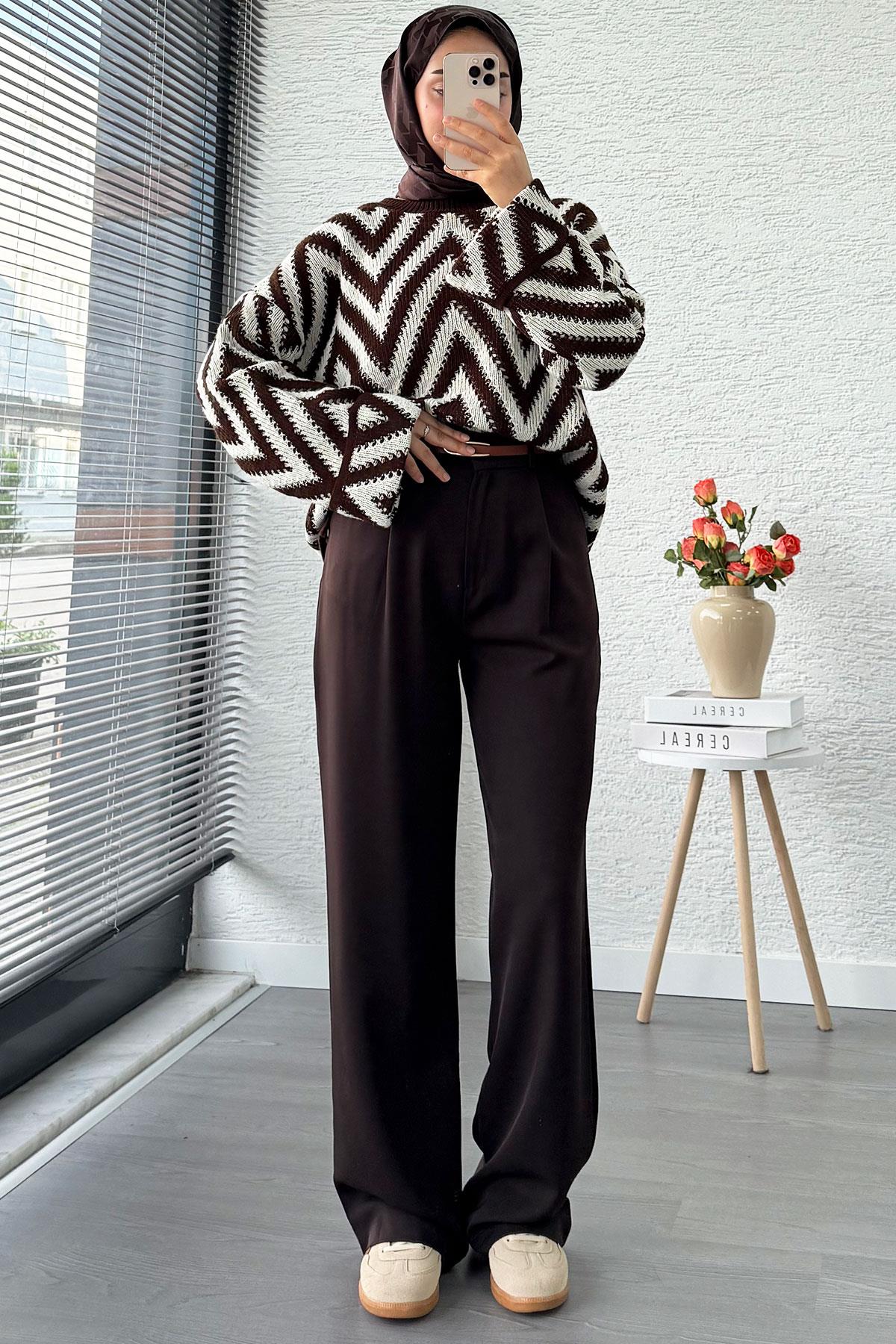 Yüksek Bel Pile Detaylı Dökümlü Palazzo Pantolon - Kahverengi