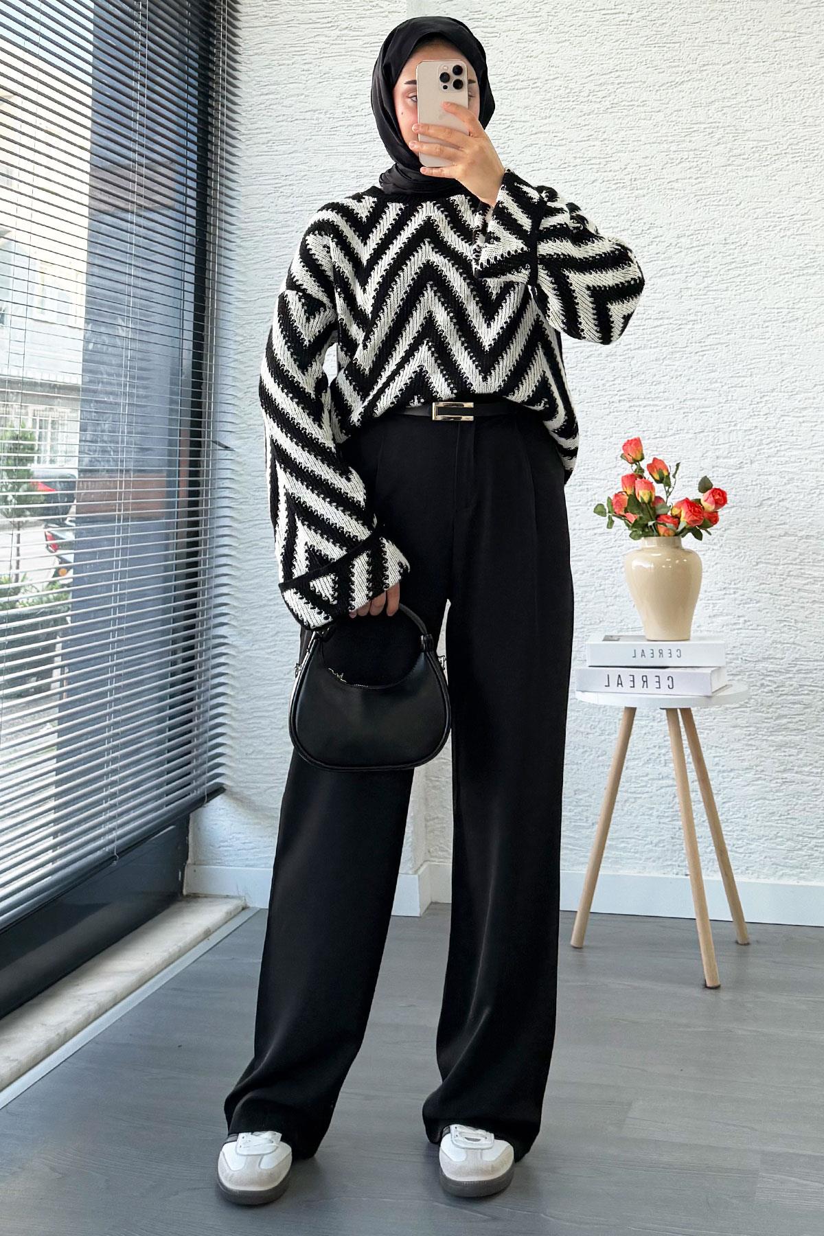 Yüksek Bel Pile Detaylı Dökümlü Palazzo Pantolon - Siyah