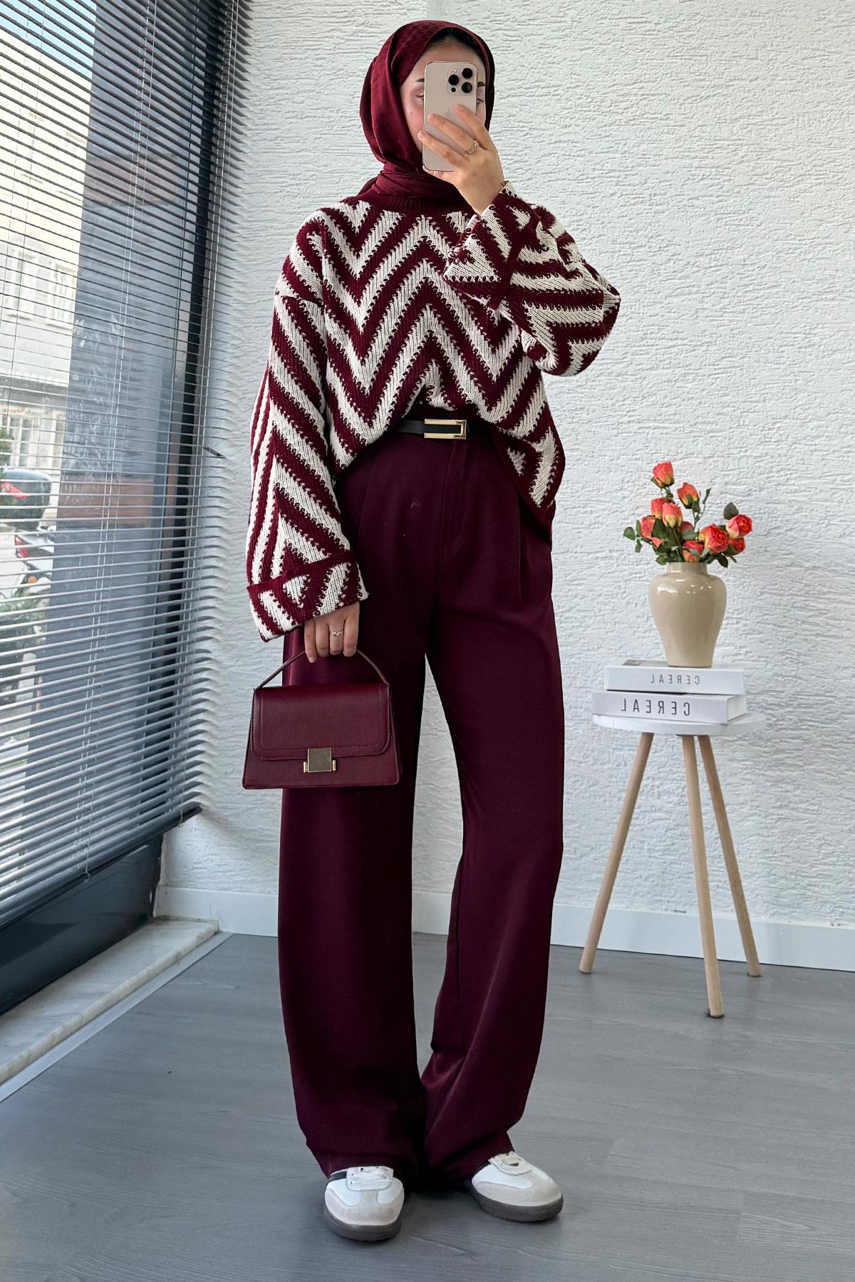 Yüksek Bel Pile Detaylı Dökümlü Palazzo Pantolon - Bordo