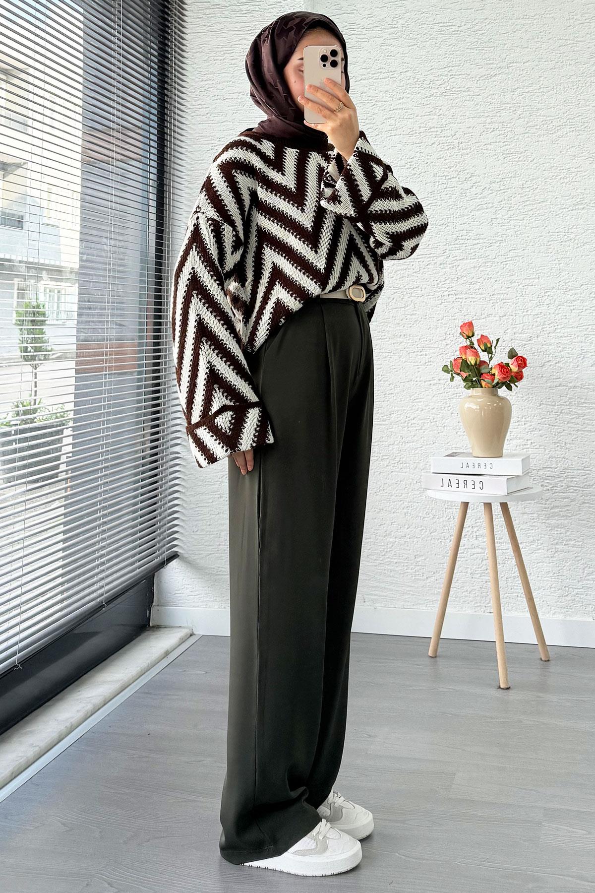 Yüksek Bel Pile Detaylı Dökümlü Palazzo Pantolon - Haki