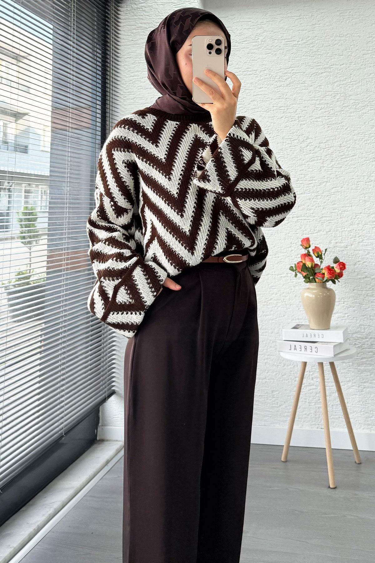 Yüksek Bel Pile Detaylı Dökümlü Palazzo Pantolon - Kahverengi