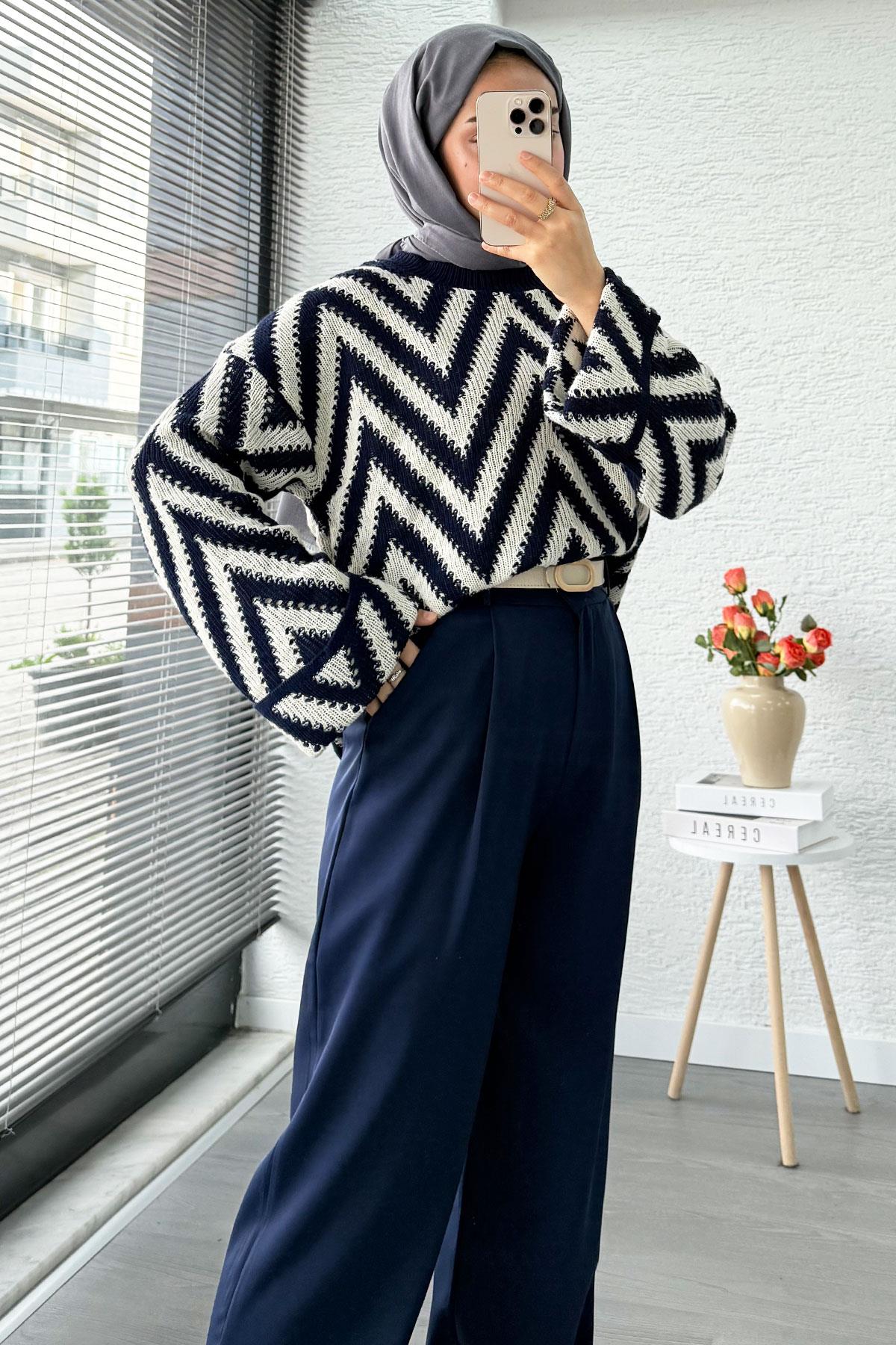 Yüksek Bel Pile Detaylı Dökümlü Palazzo Pantolon - Lacivert