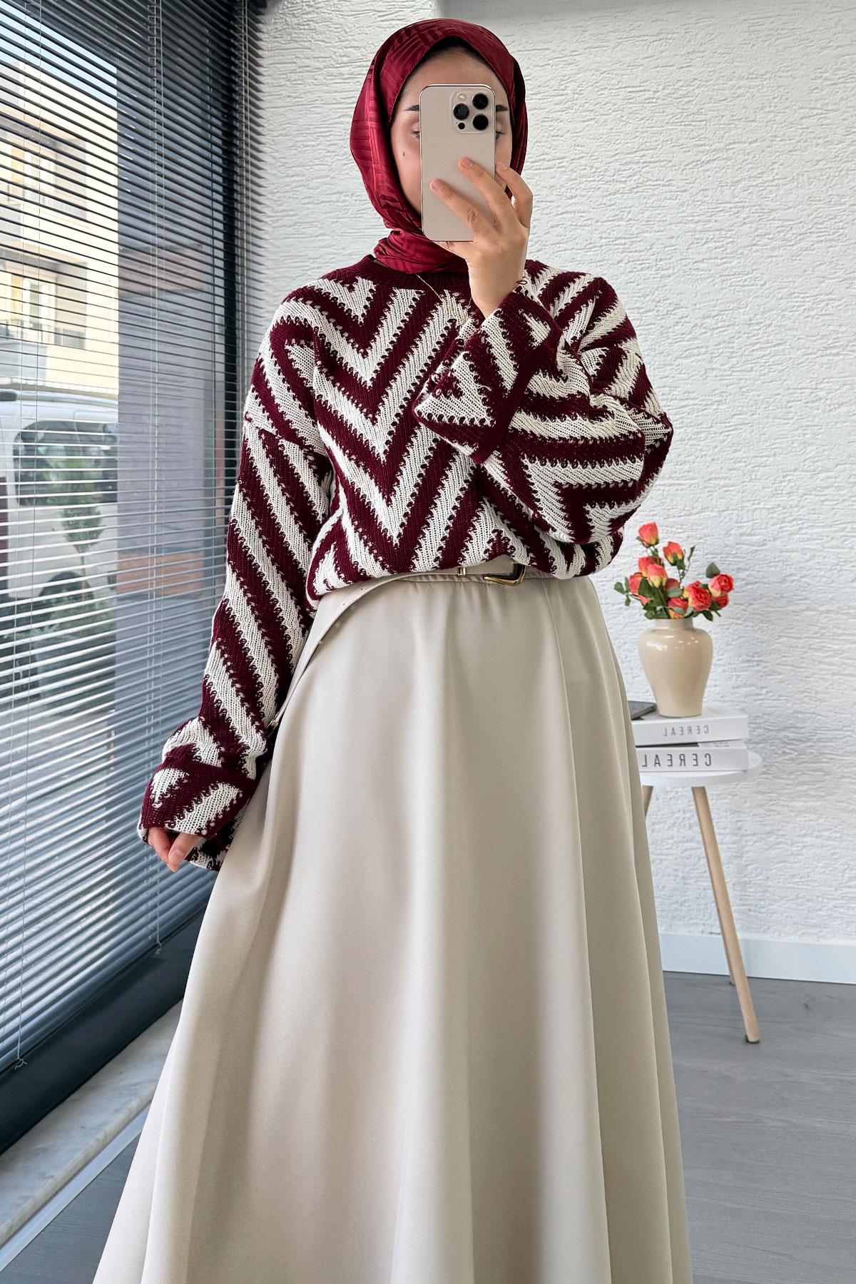 Zikzak Desenli Kısa Triko Kazak – Bordo