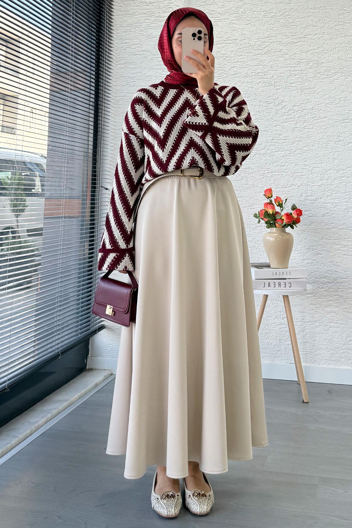 Zikzak Desenli Kısa Triko Kazak – Bordo