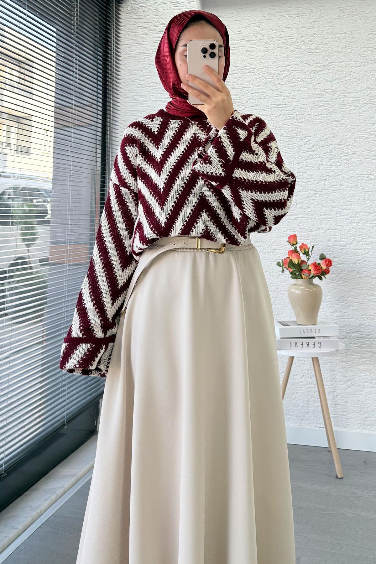 Zikzak Desenli Kısa Triko Kazak – Bordo