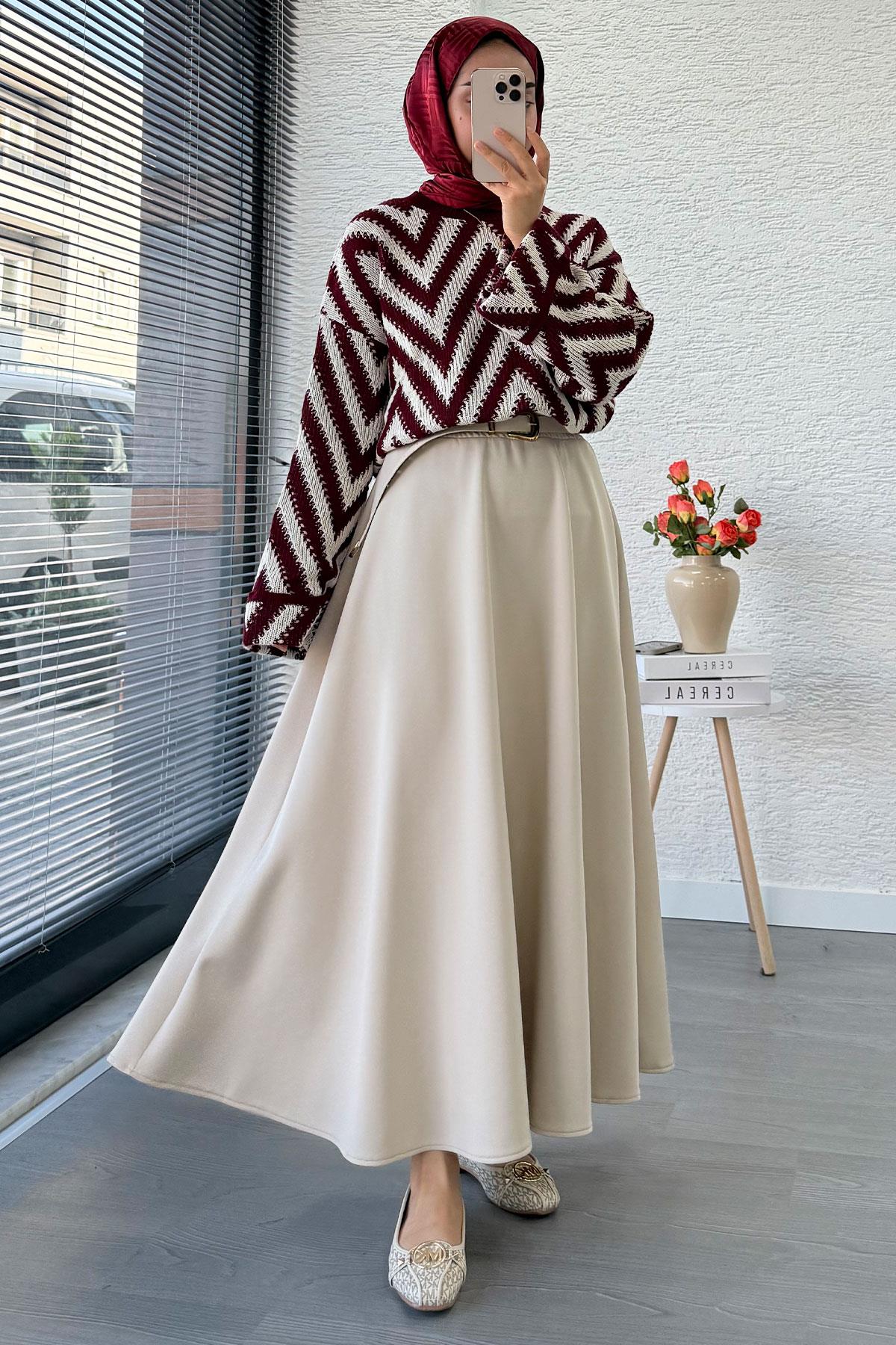 Zikzak Desenli Kısa Triko Kazak – Bordo