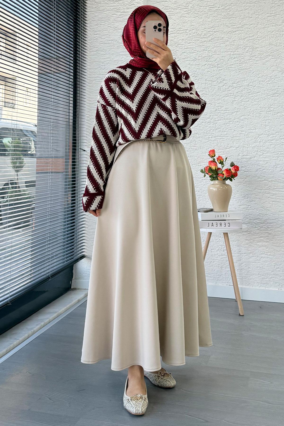 Zikzak Desenli Kısa Triko Kazak – Bordo