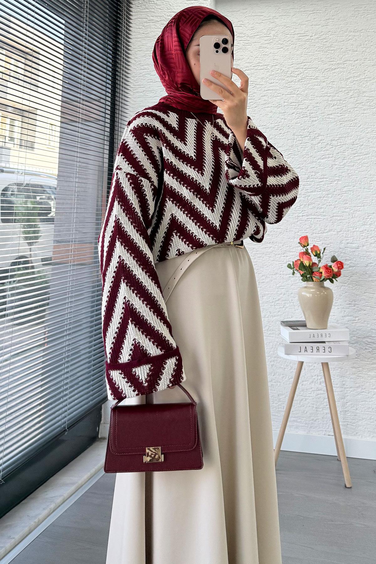 Zikzak Desenli Kısa Triko Kazak – Bordo