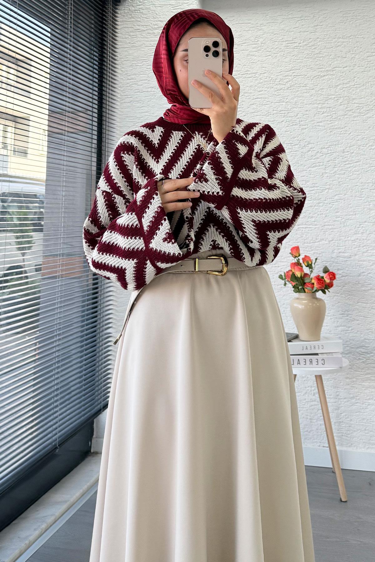 Zikzak Desenli Kısa Triko Kazak – Bordo