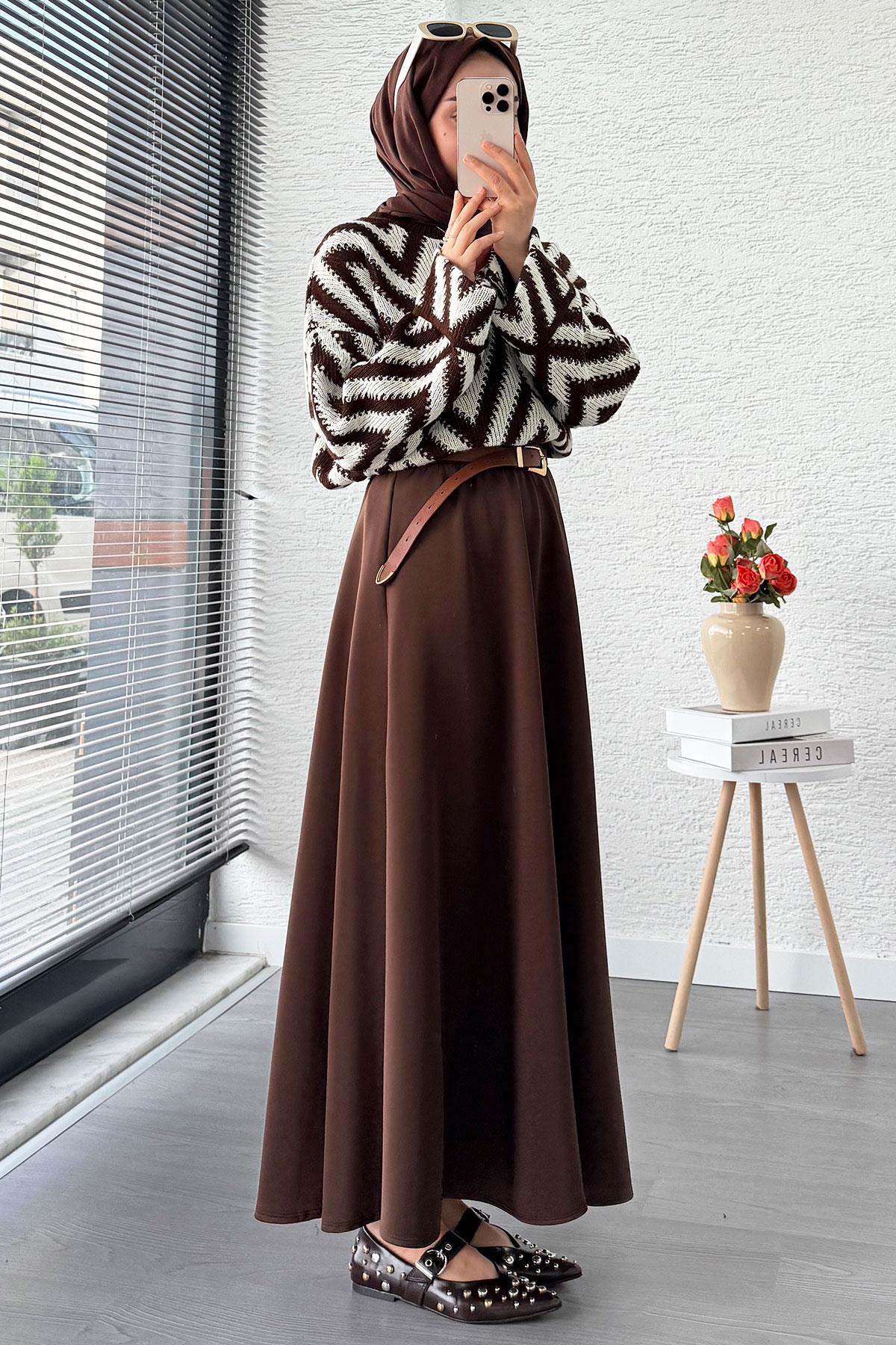 Zikzak Desenli Kısa Triko Kazak – Kahverengi