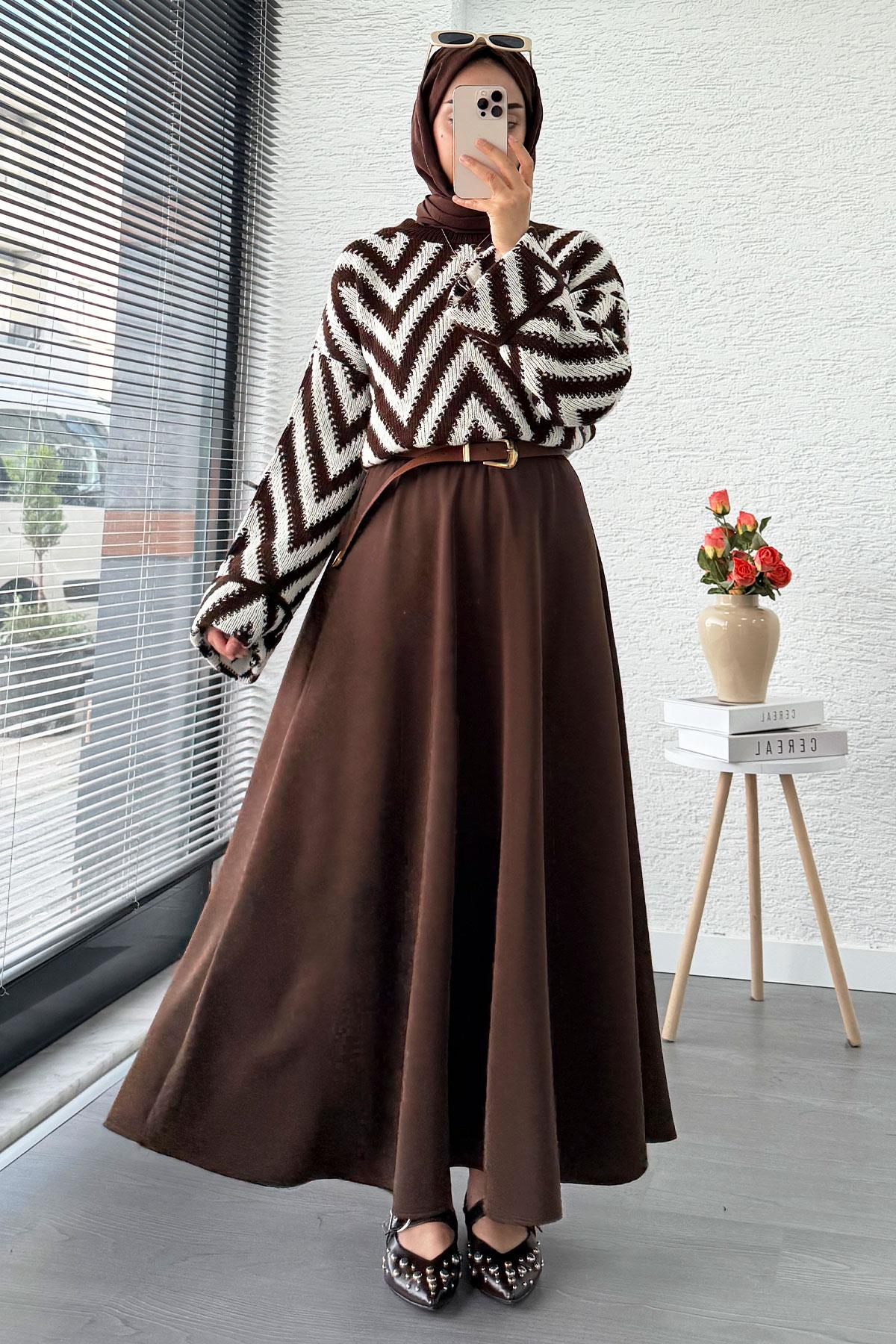 Zikzak Desenli Kısa Triko Kazak – Kahverengi