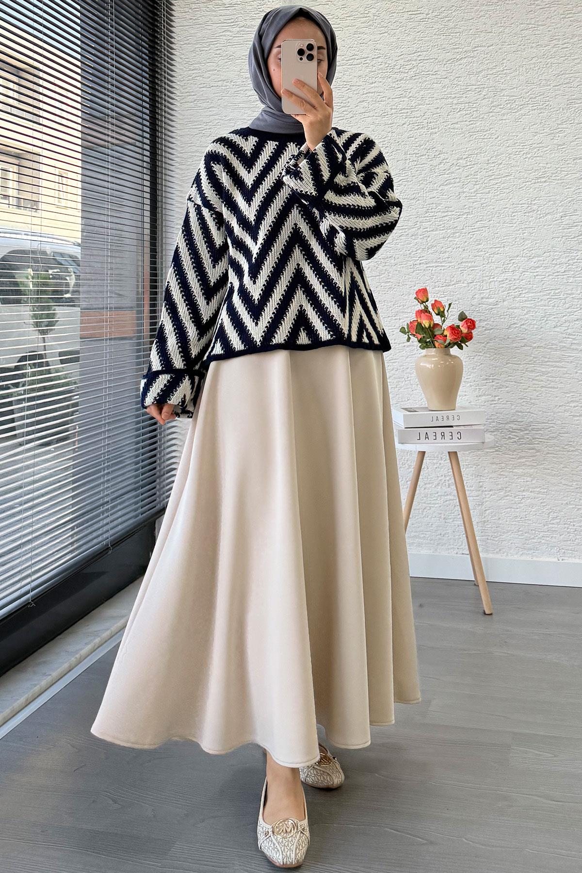 Zikzak Desenli Kısa Triko Kazak – Lacivert