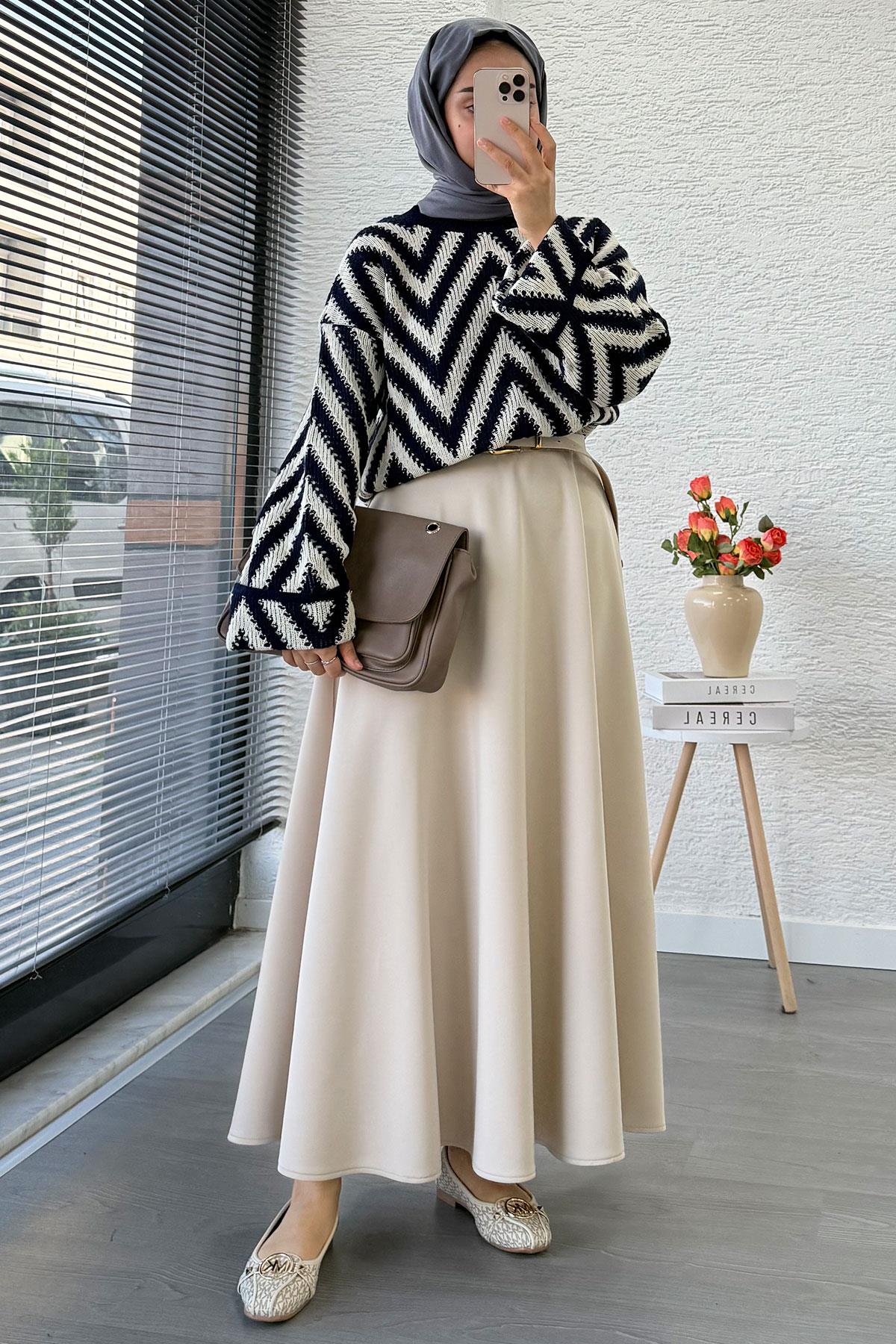 Zikzak Desenli Kısa Triko Kazak – Lacivert