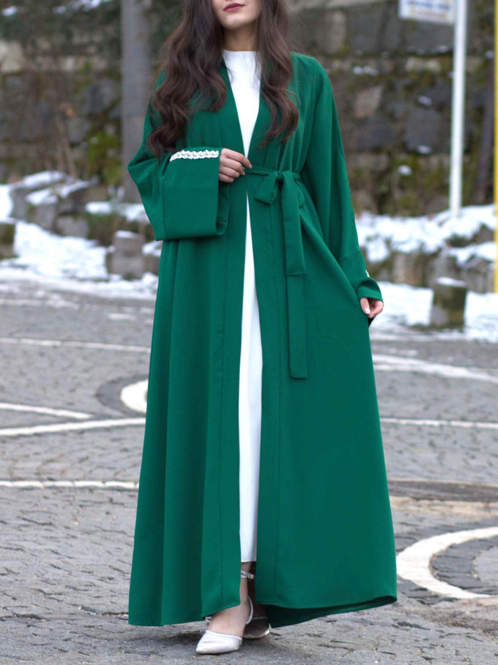 Zümrüt Kolu Taşlı Ala Abaya