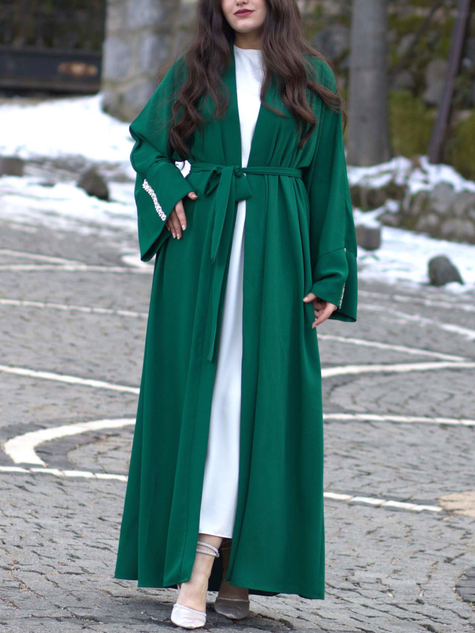 Zümrüt Kolu Taşlı Ala Abaya