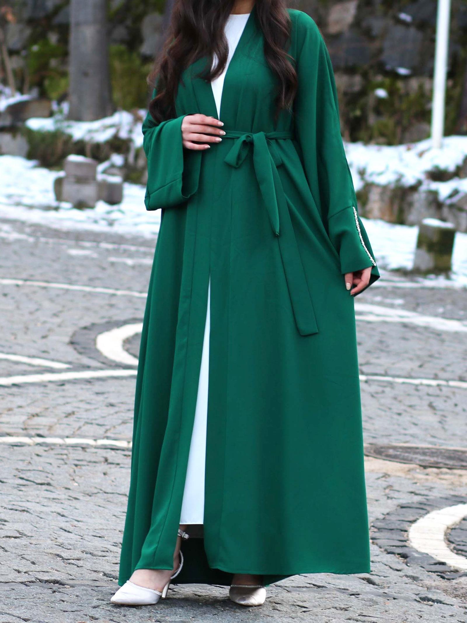 Zümrüt Kolu Taşlı Ala Abaya