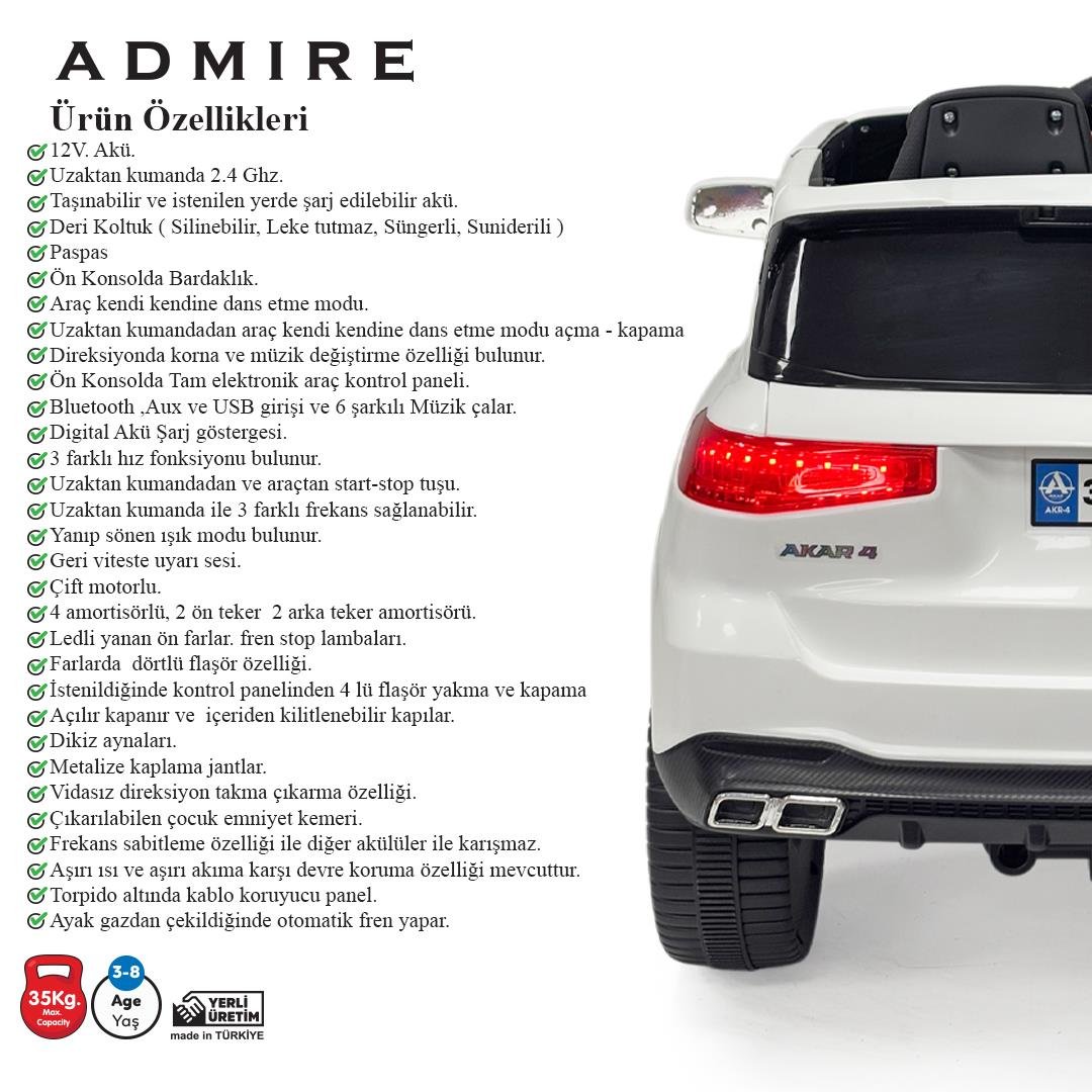 Akar Admire GT Beyaz Uzaktan Kumandalı 4X2 12 VOLT Akülü Araba(97-107)