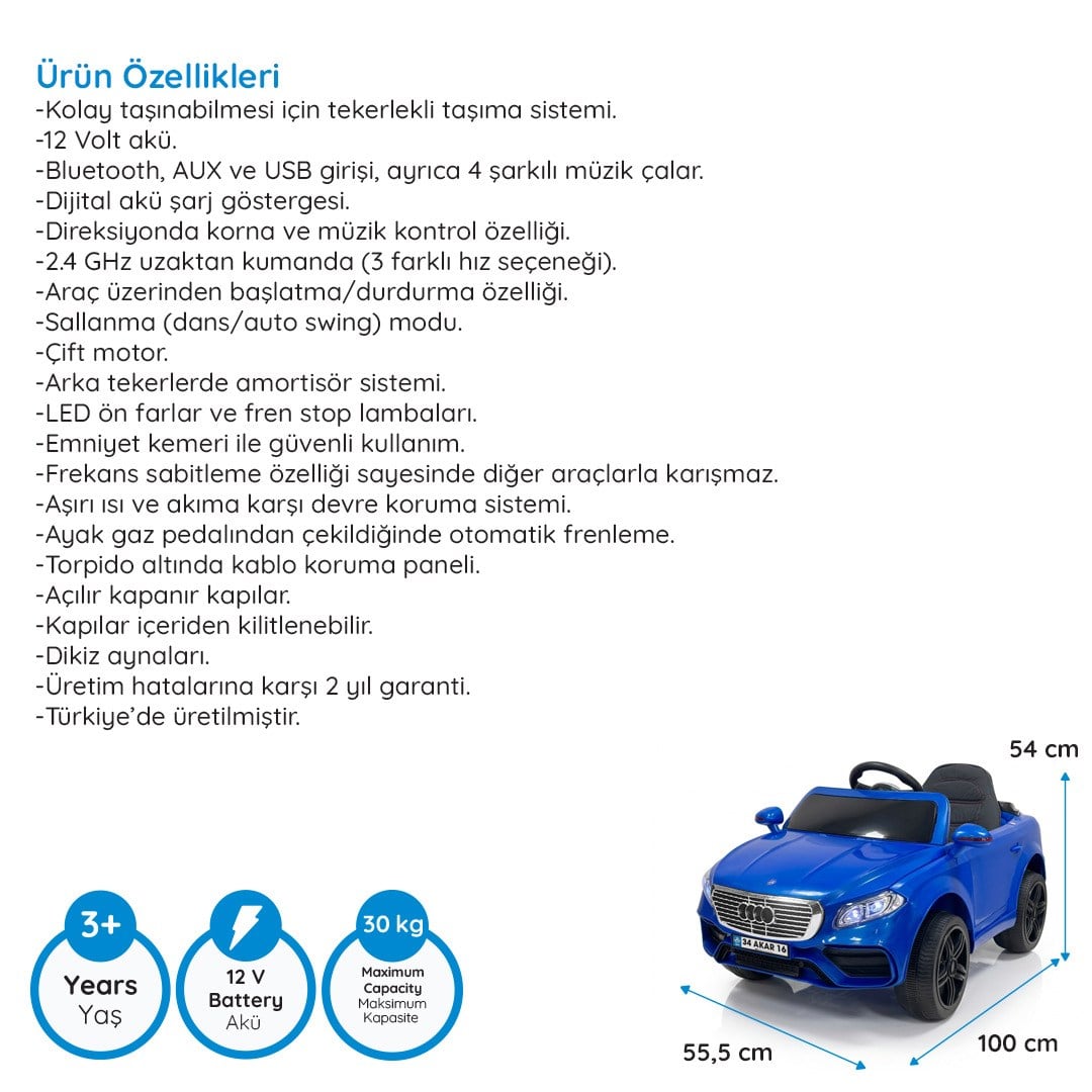 Akar Adonis Kumandalı Akülü Araba 4x2 12 Volt Mavi