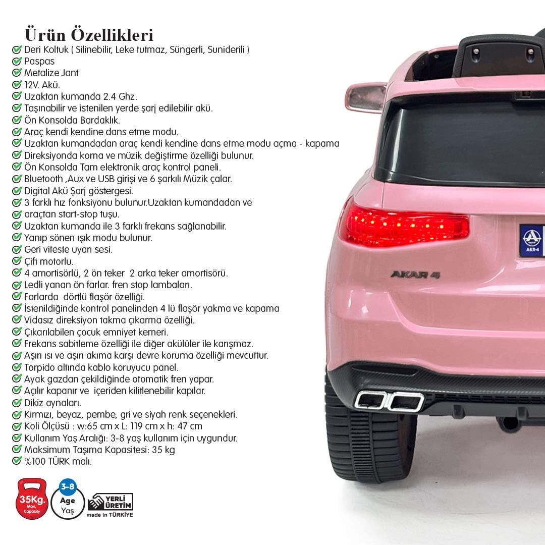 Akar Bold GT Pembe Uzaktan Kumandalı 4X2 12 VOLT Akülü Araba(94-847)