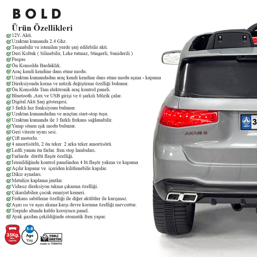 Akar Bold GT Uzaktan Kumandalı 4X2 12 VOLT Akülü Araba Okyanus Mavi
