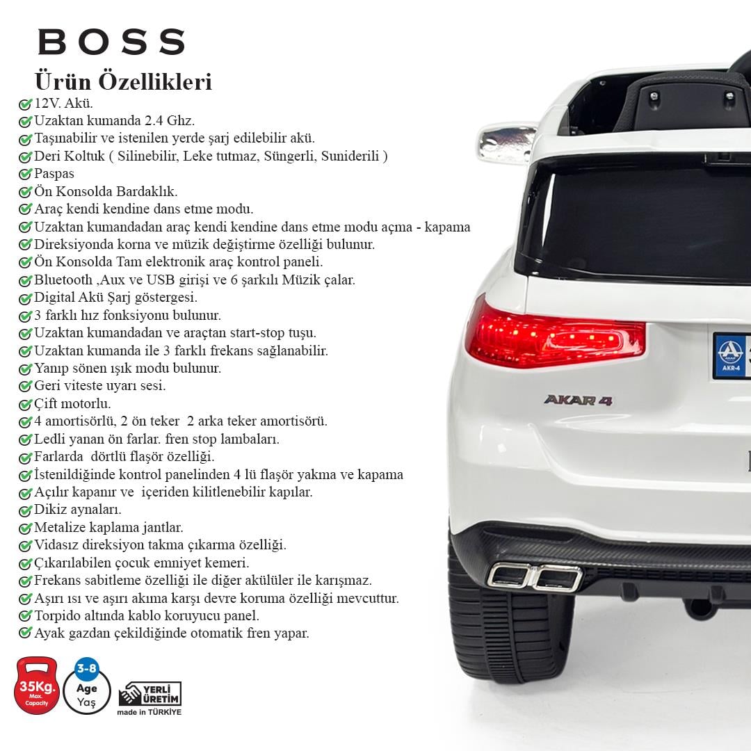 Akar Boss GT Beyaz Uzaktan Kumandalı 4X2 12 VOLT Akülü Araba(97-022)