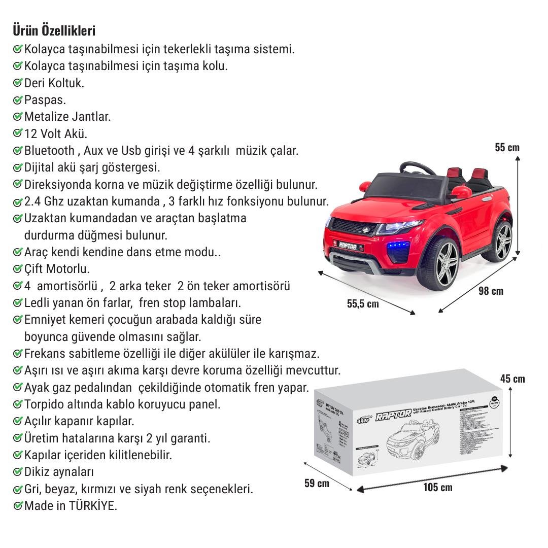 Akar Raptor Akülü Araba Uzaktan Kumandalı 4X2 - 12 Volt Kırmızı 96