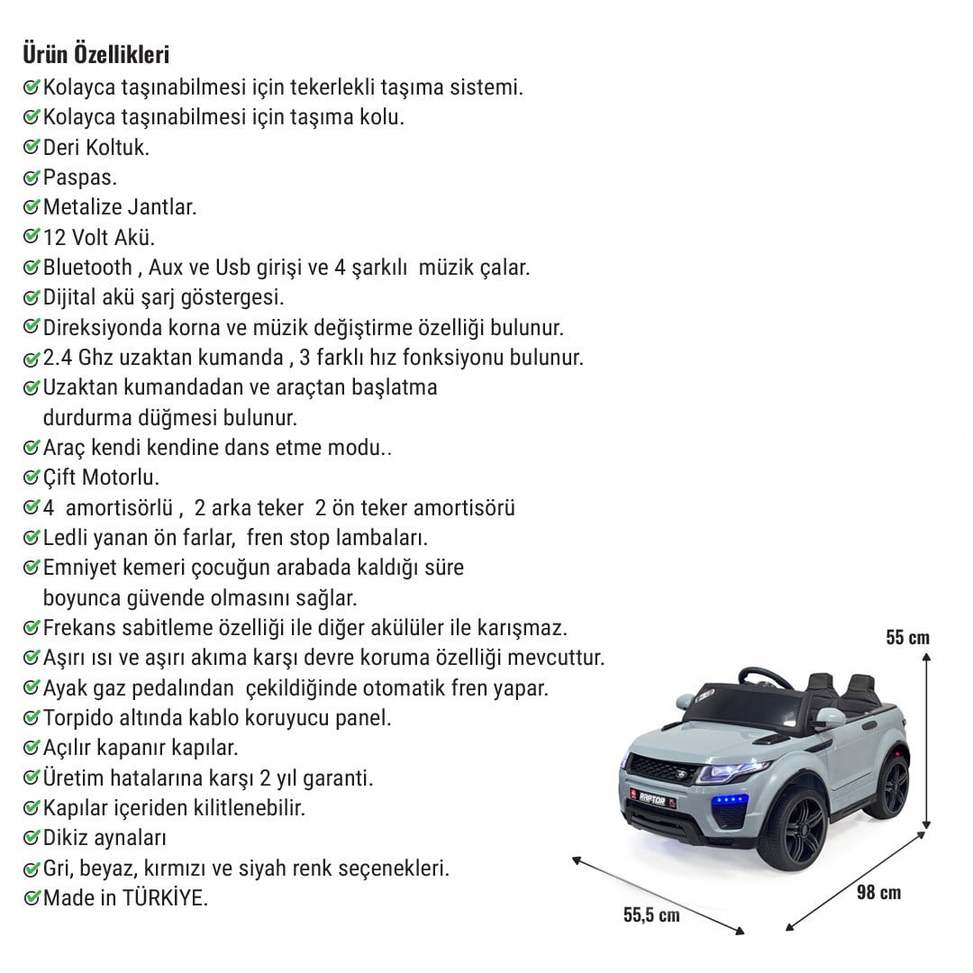 Akar Raptor Uzaktan Kumandalı Akülü Araba Deri Koltuk Hızlı Motor Gri