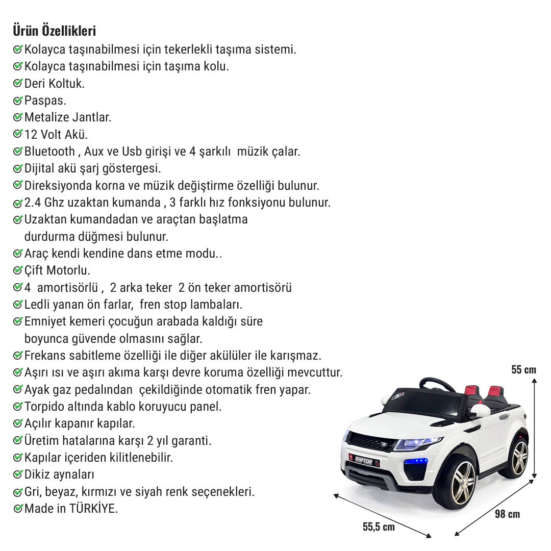 Akar Raptor Uzaktan Kumandalı Akülü Araba Deri Koltuk Hızlı Motor Beyaz