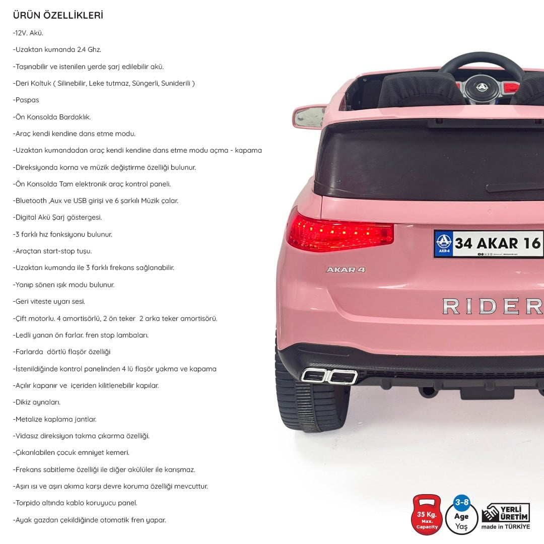Akar Rıder Uzaktan Kumandalı Akülü Araba Pembe